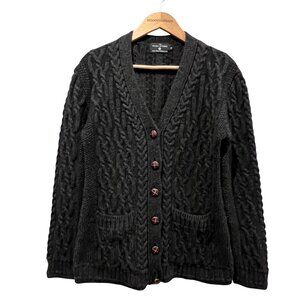 The Irish Store Wool Aran Boyfriend Cable Knit Cardigan, Charcoal, M